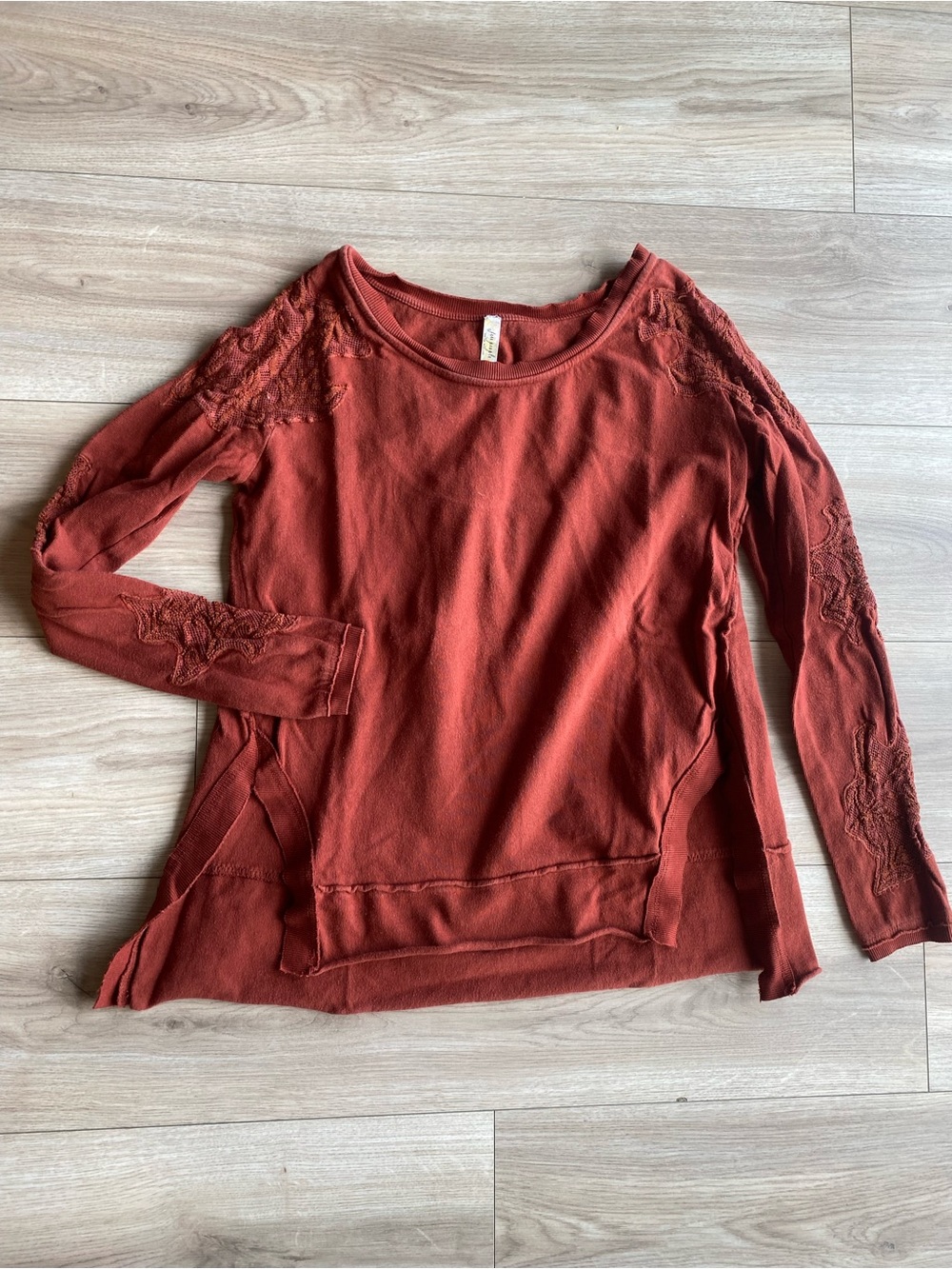 Free People Rust Lace-Trim Long-Sleeve Pullover